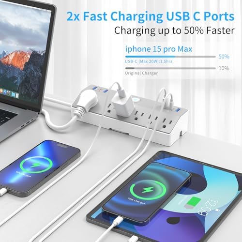 Desk Clamp Power Strip with 40W Fast Charging USB-C, JXGUCAT 10Ft Desk Mount Surge Protector with 6 Outlets 6 USB Ports, Flat Plug Extension Cord Home Office Essentials, Fit 2.48" Tabletop Edge - Image 3