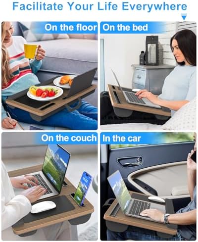 Laptop Lap Desk, Portable Large Laptop Desk for Bed, Up to 17 in Lap Table with Wrist Rest, Mouse Pad, Tablet Phone Slot, Portable Handle, Cushion (Dark Brown Woodgrain) - Image 6