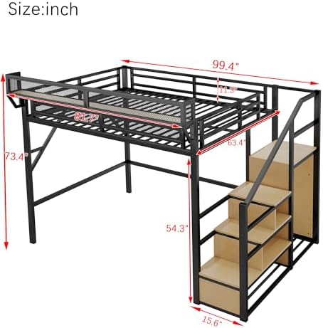 KEIKI Queen Size Metal Loft Bed Frame with Convertible Staircase, Built-in Storage Shelves and Wardrobe, Loft Bed with Solid Slats, Guardrail, No Box Spring Required, Easy Assembly, for Bedroom, Black - Image 2
