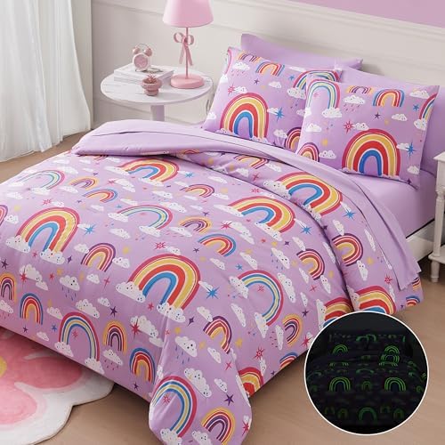 Girls Full Size Bedding Sets - 7 Pieces Purple Rainbow Full Comforter Set - Image 2