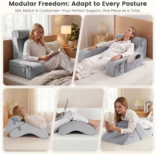Homkdom Reading Pillow for Sitting in Bed Adult, 22" Back Pillow for Bed Sitting up with Armrests & Storage Pockets, Ergonomic Wedge Pillow for Watching TV, Gaming, Working, Recovery, 5PCS, Light Grey - Image 4