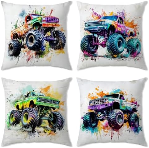 Boys Bedroom Cool Monster Truck Pillow Cover 18x18 Set of 4, Hot Wheel Vehicle Throw Pillow Cover Sofa Couch Bedding Decorative Soft Trucks Cushion Case Toddler Kids Playroom Cave Home Decoration by YOOOAHU