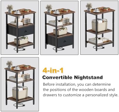 Side Table with Charging Station, Nightstand with Adjustable Fabric Drawer, Bedside Table for Bedrooms, Living Rooms & Home Decor (Brown Black) - Image 4
