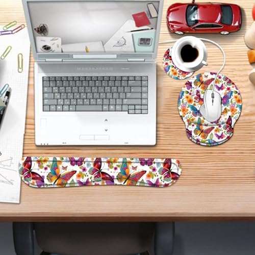 Keyboard Wrist Rest and Mouse Pad Wrist Support Set with Coaster,Ergonomic Mouse Pad,Comfortable for Easy Typing, Pain Relief,Memory Foam Keyboard Pad Set for Laptop Mac,Colorful Butterfly and Flower - Image 7