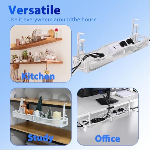 Under Desk Cable Management Box 25.3 Inch – Clamp-Mounted Cable Organizer Tray, Large Cord Management Box for Office & Home, Wire Organizer Under Desk Storage, White - Image 6