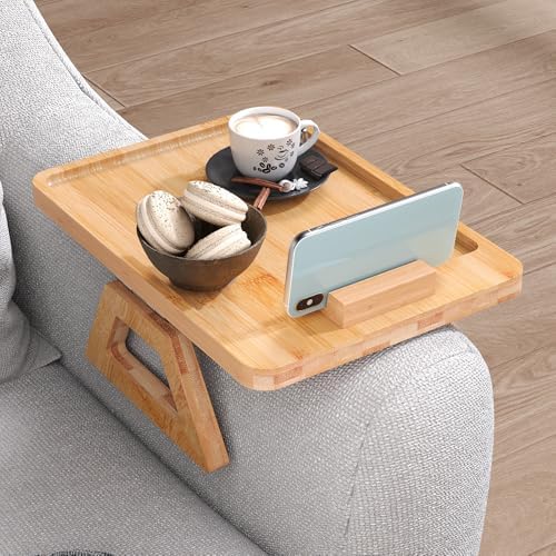 Couch Arm Tray with 360°Phone,Bamboo Folding Sofa Tray,Sofa Armrest Trays Clip-On Couch Desk for Drinks,Snacks,Phone,Remote Control（Natural） - Image 4