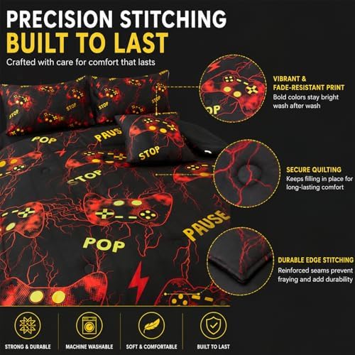 ZRNBAST Gamer Comforter Set Full Size, Red Gaming Bedding Set for Boys, Lightning Game Console Microfiber Bed Sets, 6 Pieces Teen Game Gamepad Bed in a Bag (Red,Full) - Image 5