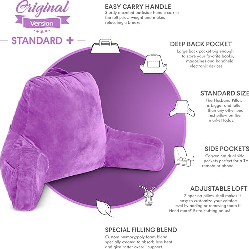 Husband Pillow Light Purple, Original Reading Pillow in Bed Rest Chair, Shredded Memory Foam Large Lounge Cushion Adult Backrest with Arms, Comfy Back Support for Sit Sitting Up, Wash/Removable Cover - Image 4