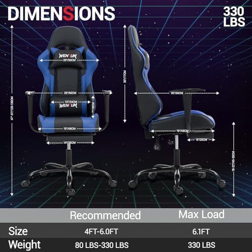 Gaming Chair with Footrest, Ergonomic PC Desk Chair with Headrest and Massage Lumbar Support, Video Game Chair with Height Adjustable High Back for Home Office, PU Leather, Blue - Image 3