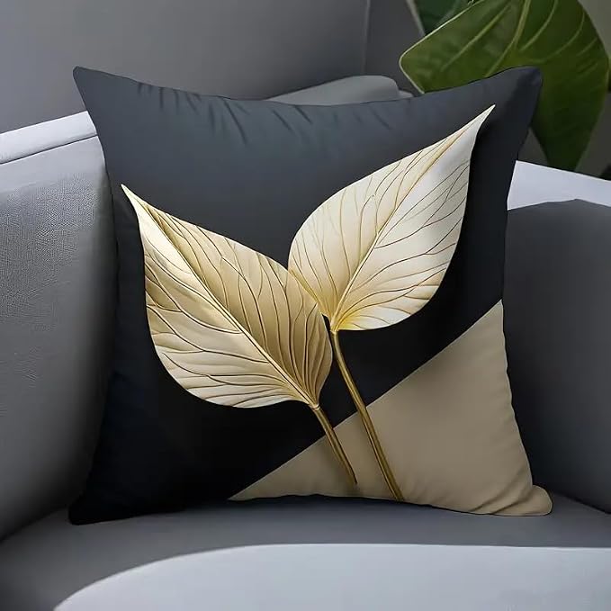 2pcs Modern Decorative Linen Throw Pillow Cover, Black and Beige with Gold Leaf Design, Square Cushion Case for Home Decor，Luxurious Black & Beige/White Accents, 18x18 Pillows Pillowcase - Image 2