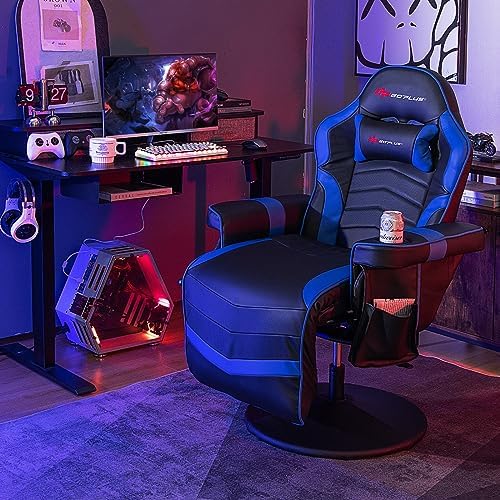 Goplus Gaming Chair, Height Adjustable Massage Video Game Chair with Retractable Footrest, Cup Holder, Headrest, Swivel Office Chair, Racing Style Swivel Gamer Chair (Blue) - Image 2