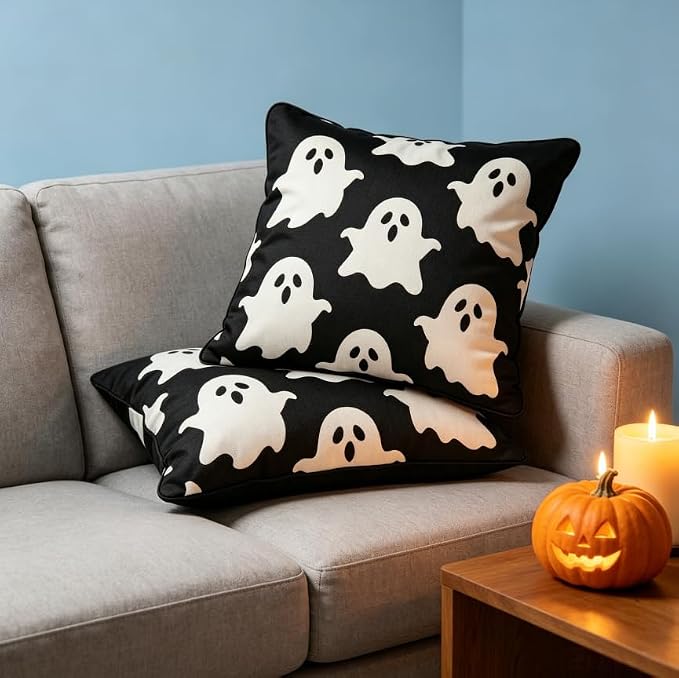 Halloween Ghost Throw Pillow Covers, Black, Linen, 18x18 Inch, Set of 2, Machine Washable, Living Room Decor - Image 3