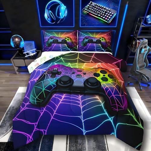 Erosebridal Gaming Comforter Set Rainbow Spider Web Kids Comforter Sets,Game Consoles Bedding Gothic Cobweb Sports Bedding Sets for Boys King,Gamer Room Decor for Boys Bedroom Decor Gamer Gifts by Erosebridal