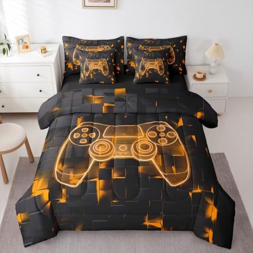 Erosebridal Gaming Bed in A Bag 7 Piece Modern Gamer Queen Bedding Set with Sheets | Video Games Comforter Set for Kids Boys Teens Bedroom, Gamepad Ombre Geometric Bed Sets, Orange by Erosebridal