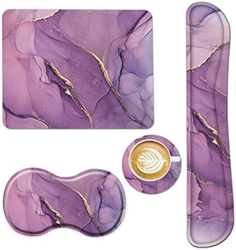 AIMSA Keyboard Wrist Rest Support + Mouse Pad + Mouse Wrist Rest + Coaster, Ergonomic Memory Foam Anti-Slip Rubber Base 4 PCS Set Easy Typing Pain Relief, Purple Marble by AIMSA