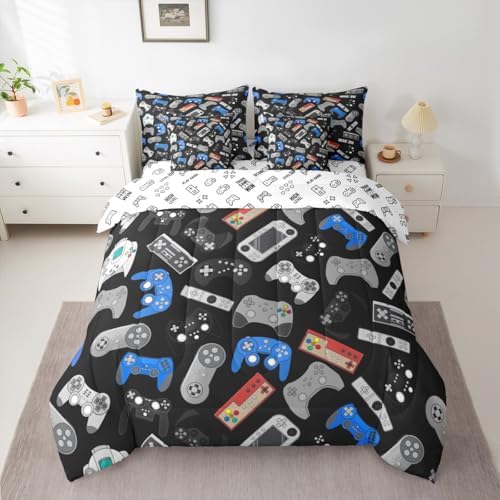 Erosebridal 7 Piece Gamer Comforter Sets for Boys King Size | Gaming Bedding Set Video Games Bed in A Bag Black Blue Gamepad Sheet Sets with Comforter Soft Microfiber for Bedroom Decor - Image 2