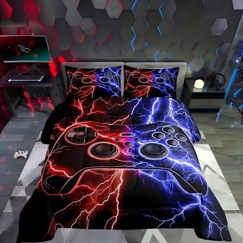 Erosebridal Gaming Comforter Set Gamer Girl Toddler Bedding Set, Video Game Consoles Comforter Red Blue Lightning Quilt,Gaming Decor for Boys Bedroom by Erosebridal