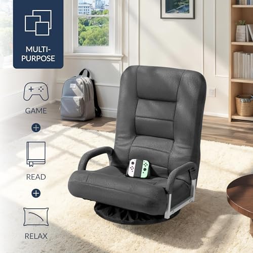 Best Choice Products Swivel Gaming Chair 360 Degree Multipurpose Floor Chair Rocker for TV, Reading, Playing Video Games w/Lumbar Support, Armrest Handles, Adjustable Foldable Backrest - Dark Gray - Image 4