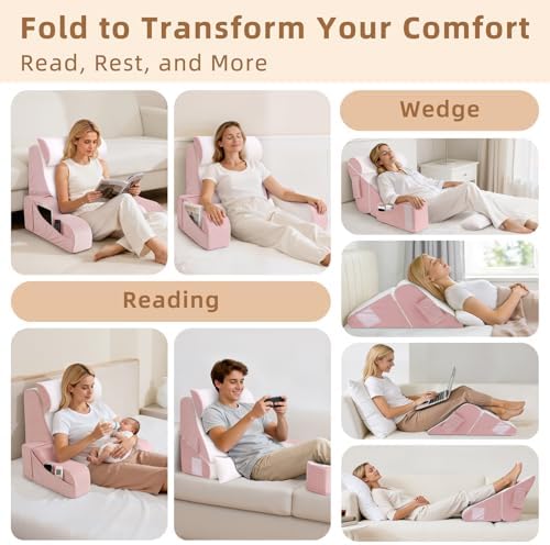 Foldable Reading Pillow for Sitting in Bed Adult, Pink, 19" - Image 3