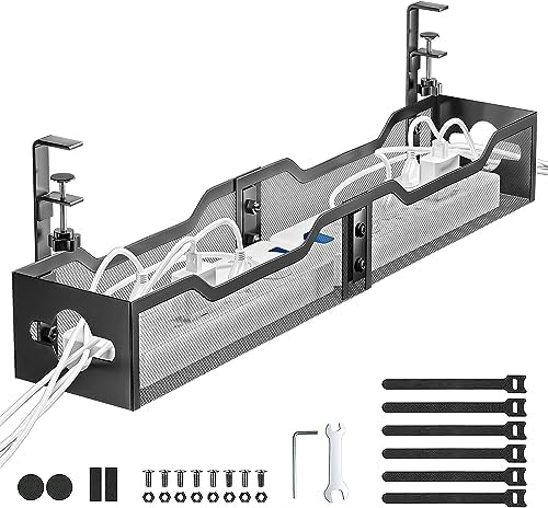 Under Desk Cable Management Tray Black, Litwaro Cable Management Under Desk No Drill, 25'' Cable Tray with Clamp for Wire Management, Cord Organizer for Office, Home - No Damage to Table by Litwaro