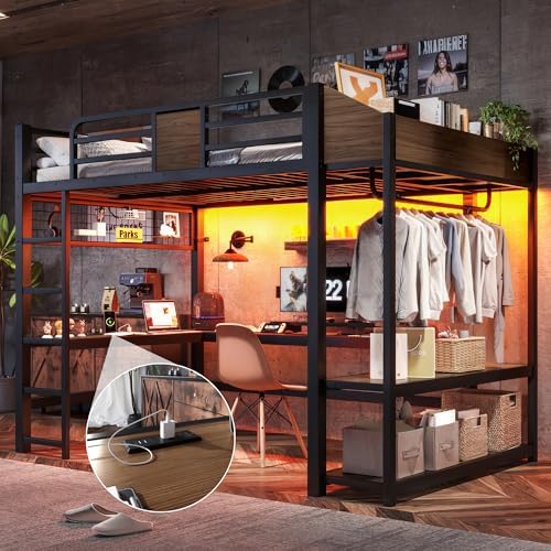 Bellemave Full Size Metal Loft Bed with L-Shaped Desk, LED Lights & Charging Station, Heavy Duty Loft Bed Frame with Hanging Rod and Storage Shelves for Kids, Teens & Adults, Space Saving,Black - Image 5
