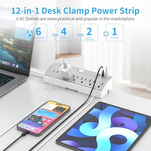 Desk Clamp Power Strip with 40W Fast Charging USB-C, JXGUCAT 10Ft Desk Mount Surge Protector with 6 Outlets 6 USB Ports, Flat Plug Extension Cord Home Office Essentials, Fit 2.48" Tabletop Edge - Image 2