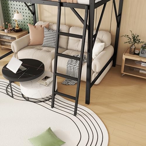 KEIKI Queen Size Metal Loft Bed Frame with Ladder and Built-in Storage Shelves, for Teens, Modern Style Loft Bed with Solid Slats, Guardrail, No Box Spring Required, Easy Assembly, for Bedroom, Black - Image 6
