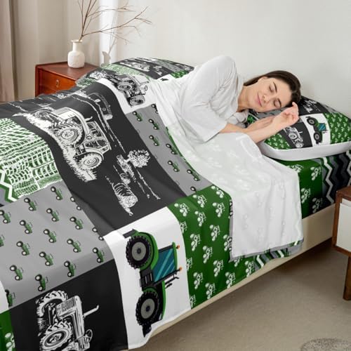 Erosebridal Green Tractor Bed Sheets Queen Size Farm Vehicle Truck Bedding Set Cartoon Equipment Construction Harvester Sheet Set for Kids Boys Car Bedroom Decor with 2 Pillowcases, Grey - Image 4