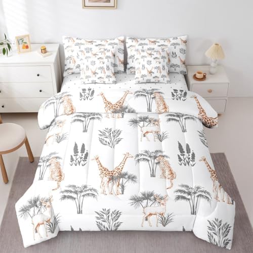 Feelyou Cute Giraffe Comforter Set with Sheets 7 Piece Queen Size Tiger Bedding Set for Kids Boys Girls Deer Bed in a Bag Jungle Animals Room Decor Botanical Tropical Tree Grey Orange - Image 3
