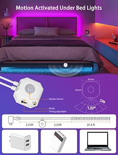 Daymeet Motion Sensor LED Strip Lights, 16.4ft RGB Motion Activated Under Bed Lights with Automatic Shut Off Timer App Control Cabinet Night Light Closet Lights for Hallway, Kitchen,Bedroom - Image 3