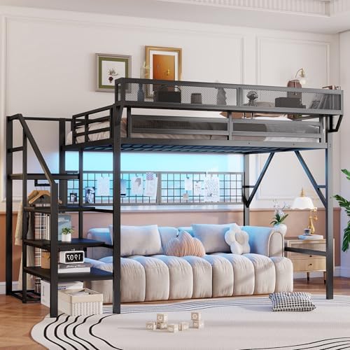 KEIKI Queen Size Metal Loft Bed Frame with Grid & Staircase & Built-in Storage Shelves & Wardrobe, Loft Bed with Solid Slats & Guardrail, No Box Spring Required, Easy Assembly, for Bedroom, Black - Image 4
