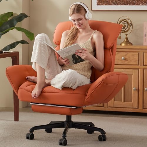 Dowinx Cross Legged Office Chair with Pivoting Armrests,Criss Cross Chair with Pocket Spring Seat & Back,Reclining Computer Gaming Chair with Footrest and Metal Base (Orange) by Dowinx