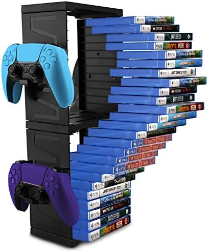 SIKEMAY Game Storage Tower for PS5/PS4/Xbox Series S & X - Universal Video Game Disc Organizer with 24 PCS Holders, 4 Controller Slots & Stand Rack Accessories - Black by SIKEMAY