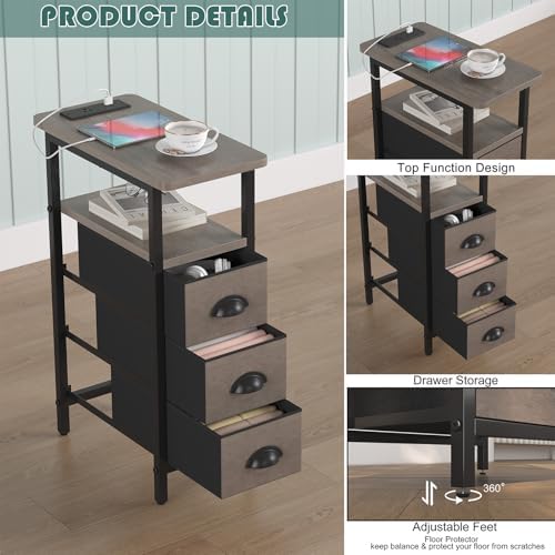 sthmec End Table with Charging Station,Narrow Side Tables with USB Ports and Outlets,Skinny Bedside Tables with 3 Drawers,Small Tables Nightstands for Small Space,Slim Sofa Table for Livingroom,Grey - Image 5
