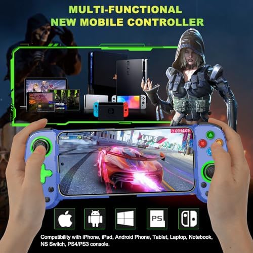Phone Game Controller for iPhone 17/Android/PC/Switch, Play COD, Genshin,Support Streaming on PS5/Xbox/PC Console, Cloud Gaming Wireless Gamepad Joystick, Turbo/6-Axis Gyro/Dual Motor, Green Light, Blue - Image 2