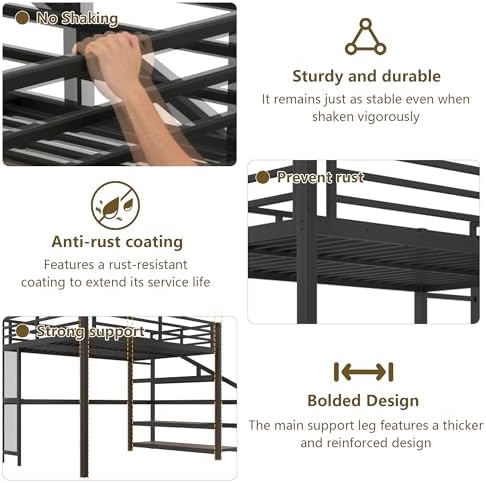 Bellemave Queen Loft Bed with Desk & Storage Stairs, Metal Queen Size Loft Bed Frame with Iron Nets, LED Lights & USB Ports, Heavy Duty Adult LoftBed for Bedroom, Noise-Free, Black - Image 5