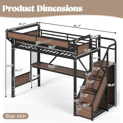 KEIKI Twin Size Metal Loft Bed Frame with Storage Staircase, Desk, Black - Image 2