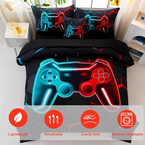 6 Pieces Gamer Bed in A Bag Full Size 3D Game Console Kids Bedding Set for Boys Teal and Blue Gaming Comforter Set with Sheets Gamepad Printed Teen Boy Bed Sets (Teal Red, Full) - Image 3