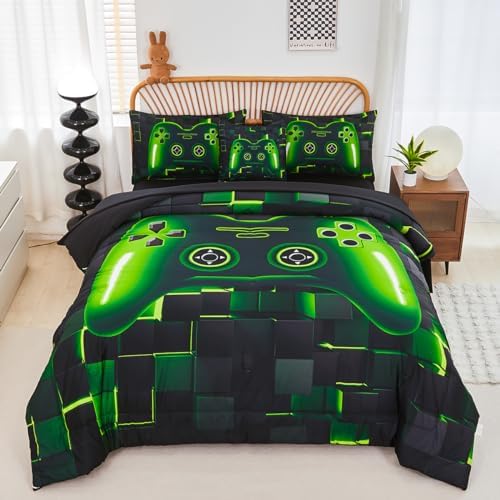 PERFEMET 6 Pieces Twin Gaming Bedding Set Green Game Console Kids Bed in A Bag 3D Black Gamer Comforter Set with Sheets for Boys Teen Lightweight Gamepad Bedroom Set(Green, Twin) by PERFEMET