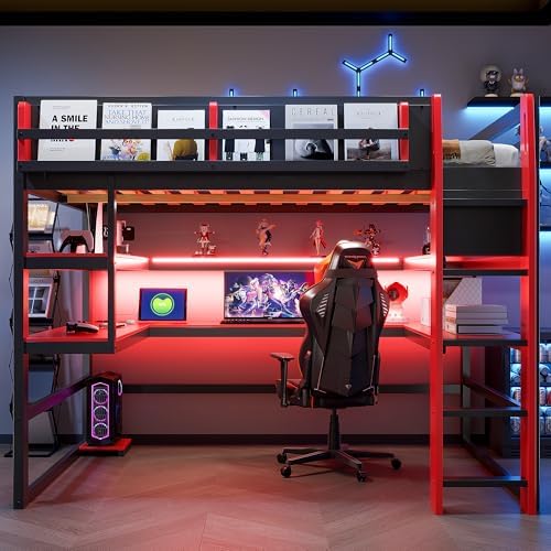 DNYN Gaming Loft Bed with Built-in Desk and Storage Shelves for Teens/Adults Bedroom, Space-Saving Full Size Wooden Bed Frame with LED & Side Race, No Box Spring Needed - Image 3