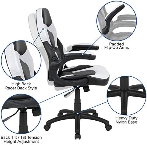 Flash Furniture X10 Gaming Chair Racing Office Ergonomic Computer PC Adjustable Swivel Chair with Flip-up Arms, White/Black LeatherSoft | Ergonomic, Flip-up Arms, Height Adjustable, Racing Style - Image 4