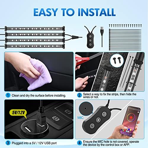 Nilight 4PCS USB Car Interior Lights RGB App and Button Control | 5V DC Multi Color Music Car Neon Accent Light Strips Under Dash Lighting Kit with Sound Active Function - Image 5