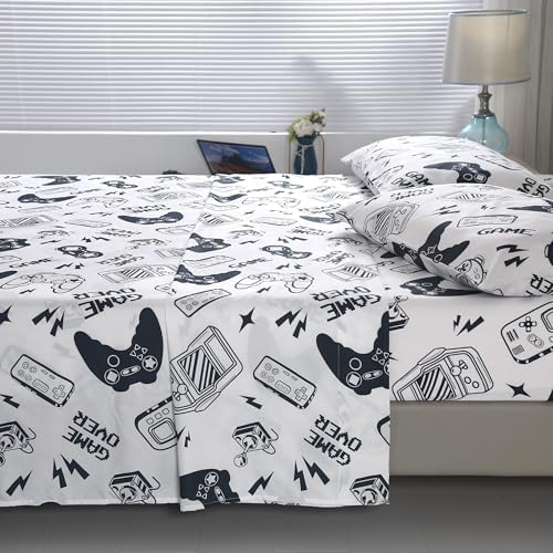 SDIII 4PCS Black and White Gamer Bedding Sheet Sets for Boys Girls Teens and Kids, Bed in a Bag Full Sheet Set, Video Game Bed Sheet Set on Amazon, Full - Image 2