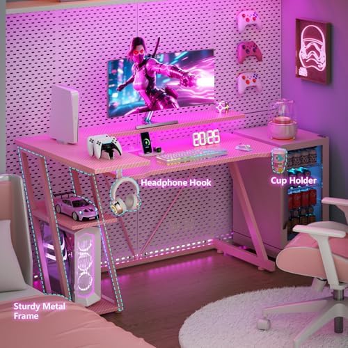 Korfile 47 Inch Pink Gaming Desk with Power Outlet & LED Lights, Corner Computer Desk with 3 Tiers Storage Shelves, L Shaped Gaming Desk with Monitor Stand for Bedroom - Image 6