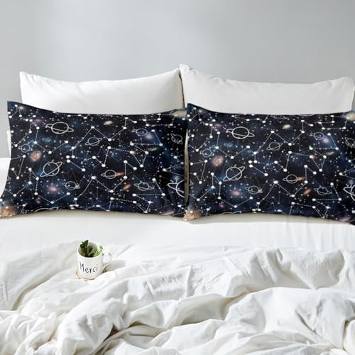 Galaxy Bed Sheets Set King Constellation Sheet Set 4 Pcs Purple Universe Print Top Sheets For Kid Men Women + Deep Pocket Fitted Sheets + Starry Sky Flat Sheet + Decor 2 Pillow Cases Boys Girls - Image 5
