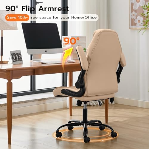 Ylzyxal Office Desk Chair, Ergonomic Computer Chair with Padded Flip-Up Arms and Adjustable Lumbar Support, PU Leather Executive Chair with Tilt Lock and 360° Swivel Rolling Wheels for Work, Study - Image 6