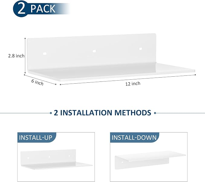 Sezanrpt 12 Inches Acrylic Wall Shelves 2 Pack, Floating Shelf for Wall Mounting, Acrylic Display Ledges for Funko Pop Figures, Home Décor, Living Room, Gaming Room, Plants(12 inch, White) - Image 3