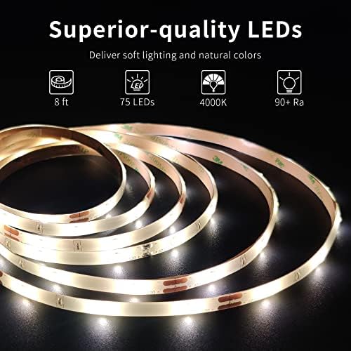 LED Strip Lights, 8ft LED Light Strip, 12V 4000K Neutral White Tape Light with PU Coating, LED Lights for Bedroom, Kitchen, Mirror, Home Decor, ETL Listed - Image 2