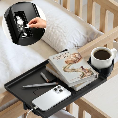 COOL-ANGLE Bedside Shelf with Cup Holder & Hidden Storage, Clamp-On Bedside Tray for Bunk Bed & College Dorm Room, Fits 2.9" Rails, Black by COOL-ANGLE