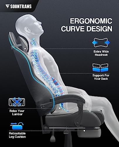Soontrans Grey Gaming Chairs with Footrest,Ergonomic Computer Game Chair, Gamer Chair with Lumbar Pillow and Adjustable Headrest (Galaxy Grey) - Image 4